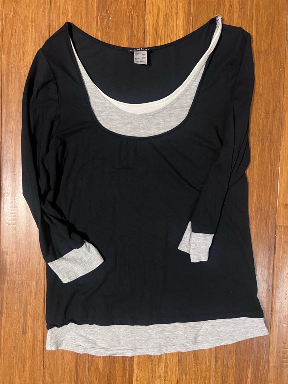 VENUS Black 3/4 Length Sleeve Scoop Layered-Look Top with Gray Trim